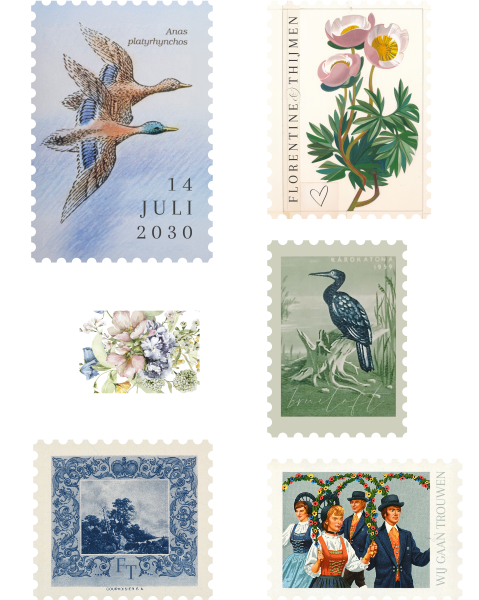 Vintage postzegels trouwkaart 