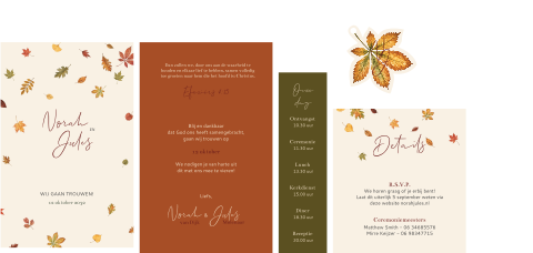 Herfst trouwkaart pocketfold met blaadjes en fotostrook