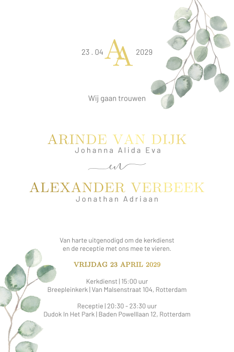 Klassieke trouwkaart met logo, goudfolie en takjes