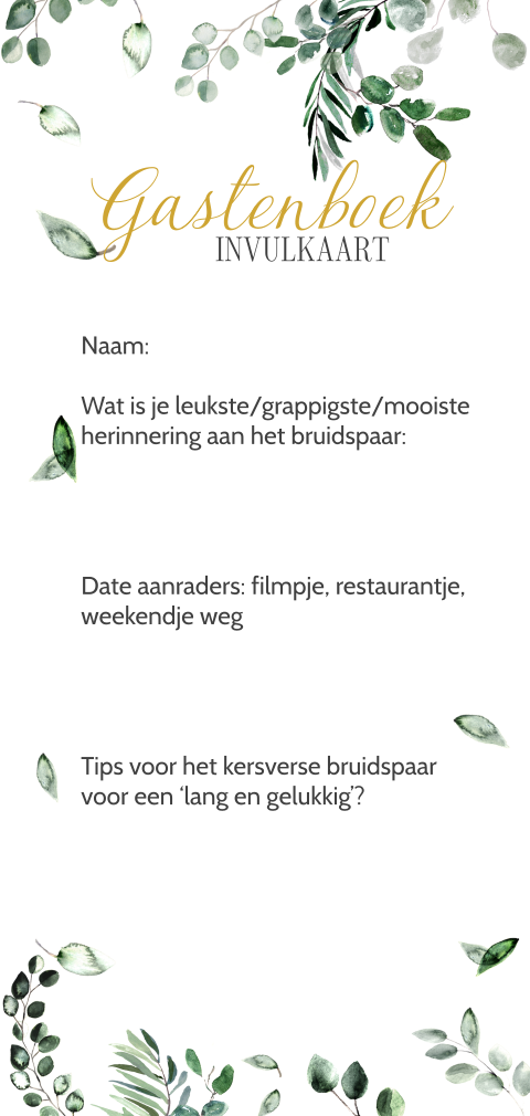 Gastenboek invulkaart met eucalyptus blaadjes