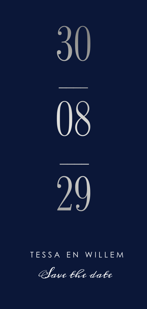 Donker blauwe Save the Date met zilverfolie en trouwdatum