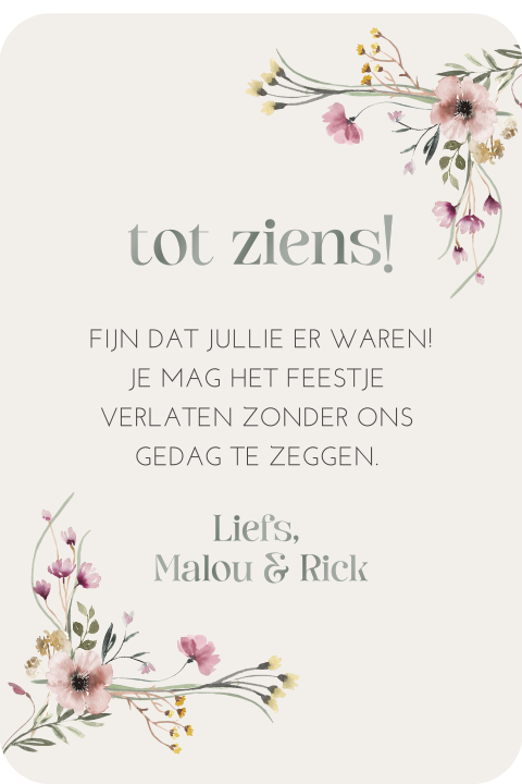 Bordje afscheid met bloemetjes en hoogglans