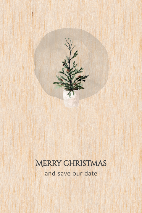 Houten Save the Date kerstkaart met kerstboompje