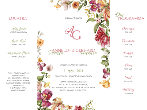 Drieluik trouwkaart met veel bloemen