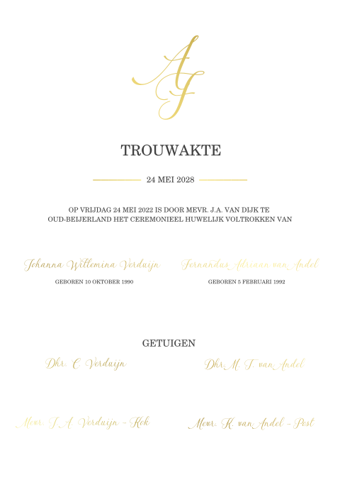 Klassieke trouwakte zelf maken met goudfolie en initialen