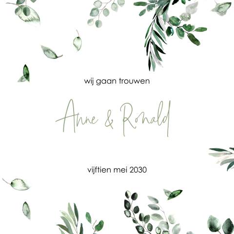 Trendy trouwkaart met eucalyptus