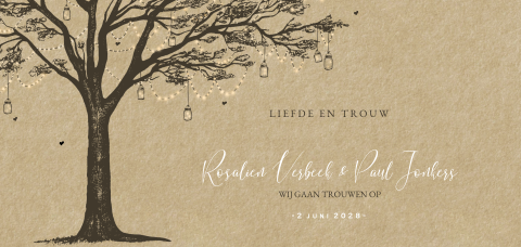 Trouwkaart met boom vol lampjes en kraftlook