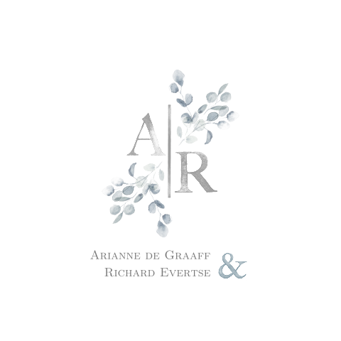 Trouwkaart met initialen en blaadjes