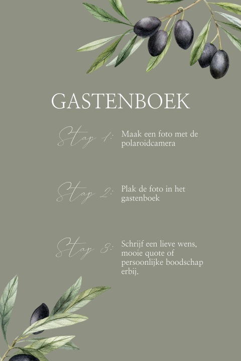 Staand bordje bij gastenboek in groen met olijftakjes