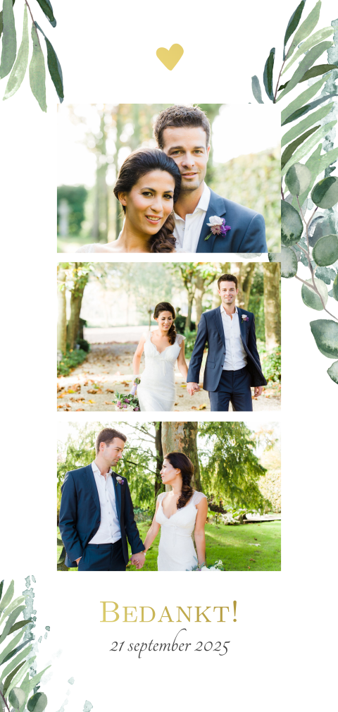Bedankkaart botanisch met goudfolie en foto's