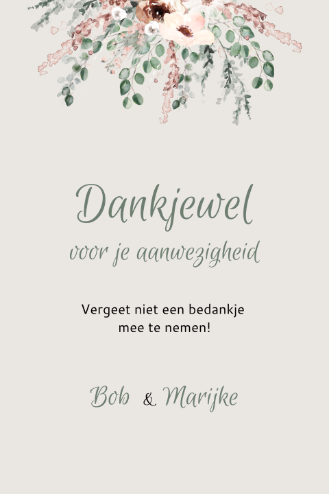 Bordje bij bedankjes met bloemen en blaadjes