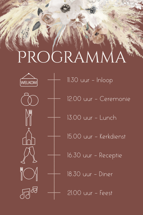 Bij trouwkaart programmakaartje met droogbloemen