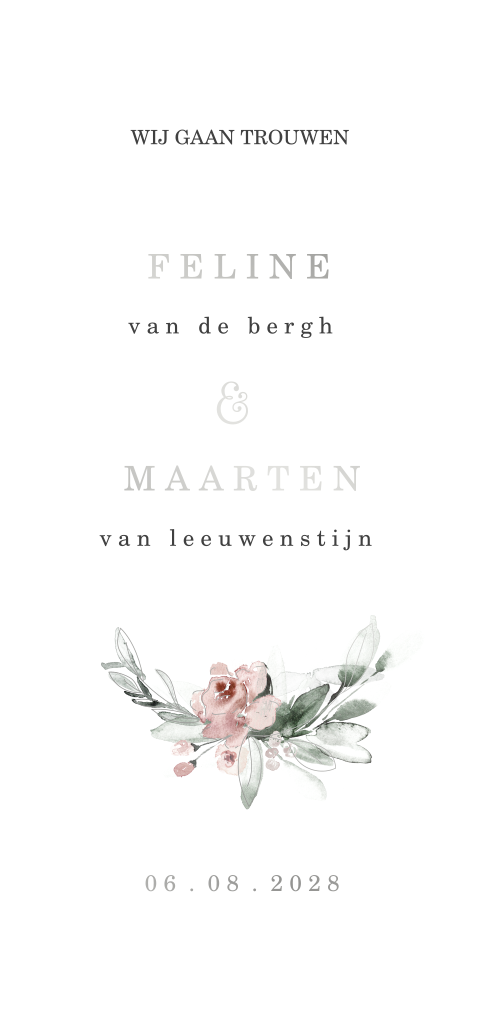 Langwerpige trouwkaart met bloemetjes in mint en peach