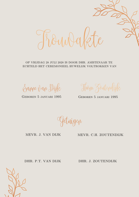 Klassieke trouwakte in taupe met koperfolie en takje