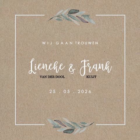 Vintage trouwkaart op kraft met eucalyptus en icoontjes
