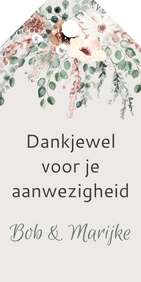 Labeltje voor bedankje in taupe met bloemen - 3 bij 6 cm per 18 stuks