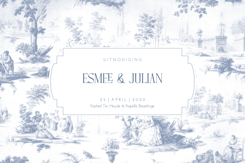 Toile de jouy trouwkaart in blauw