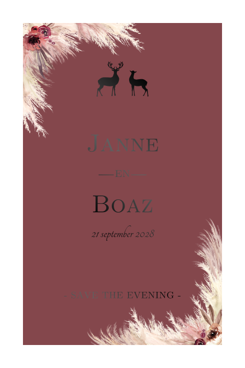 Kerst Save the Date kaart met droogbloemen en zwartfolie
