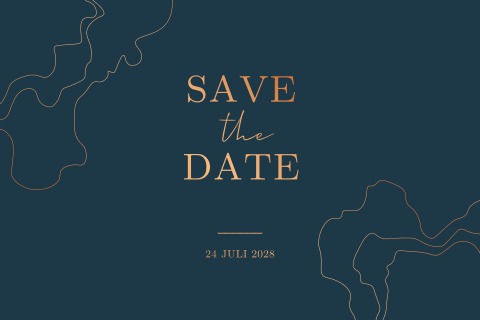 Moderne Save the Date in diepblauw met koperfolie