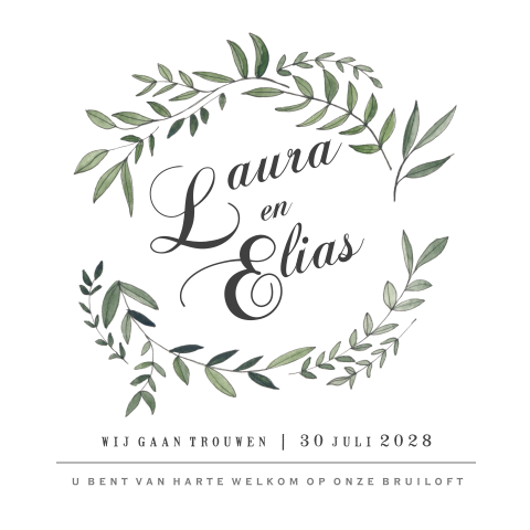 Trouwkaart met botanische krans en sierlijke letters