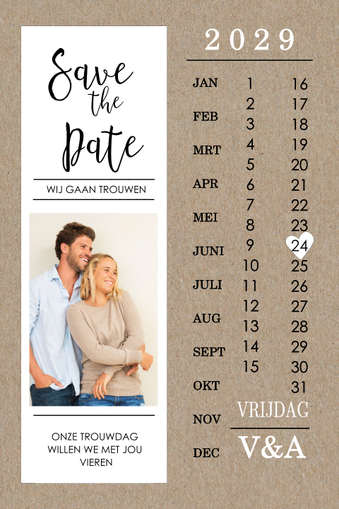 Vintage Save the Date kaart op kraft met kalender en foto
