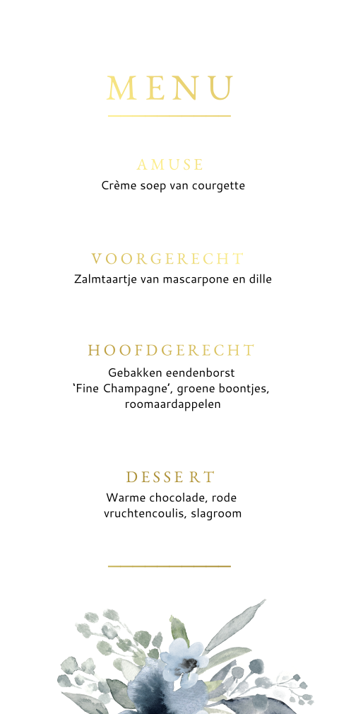 Menukaart met goudfolie en bloemetjes