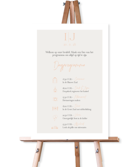 Stijlvol bruiloftsbord met programma van de bruiloft