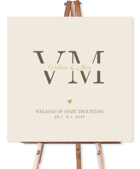 Beige welkomstbord bruiloft met hartje