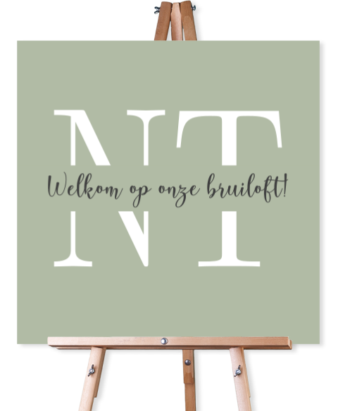 Vierkant welkomstbord bruiloft in groen met logo