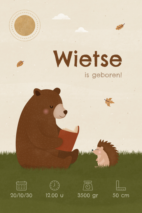 geboortekaartje Wietse herfst met beer die boek voorleest voor egel
