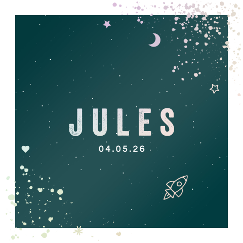 geboortekaartje Jules met spetters en ruimtevaartuig