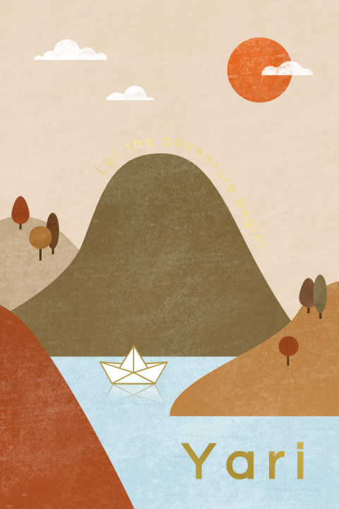 geboortekaartje Yari met bootje, bergen en folie