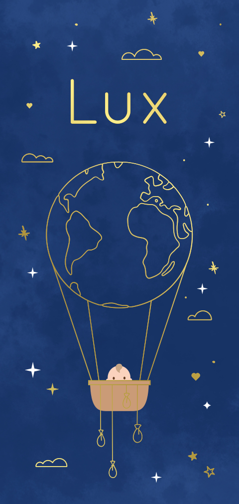 geboortekaartje jongen met wereldbol luchtballon in goudfolie