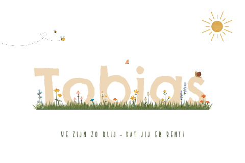 geboortekaartje Tobias met grasveld vol bloemen