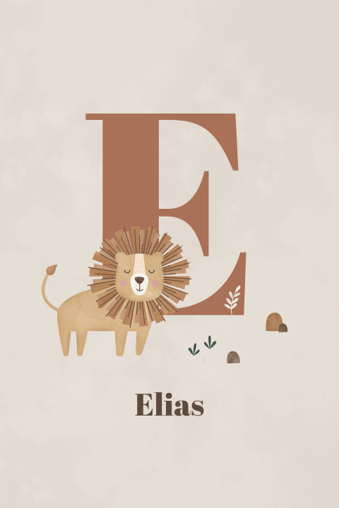 geboortekaartje jongen met leeuw en initiaal beige dubbel