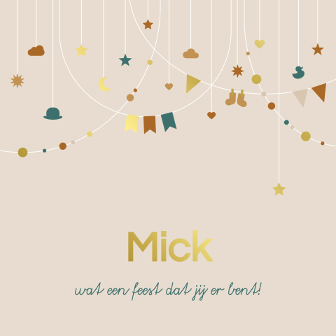 geboortekaartje met slingers en goudfolie