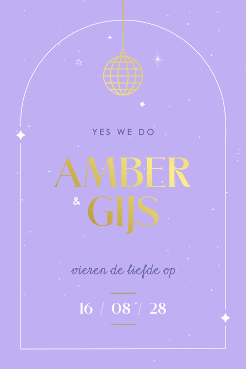 feestelijke trouwkaart met discobol en sterren met goudfolie