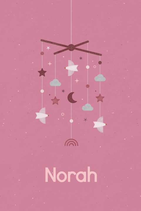 geboortekaartje Nora met vogeltjes babymobiel