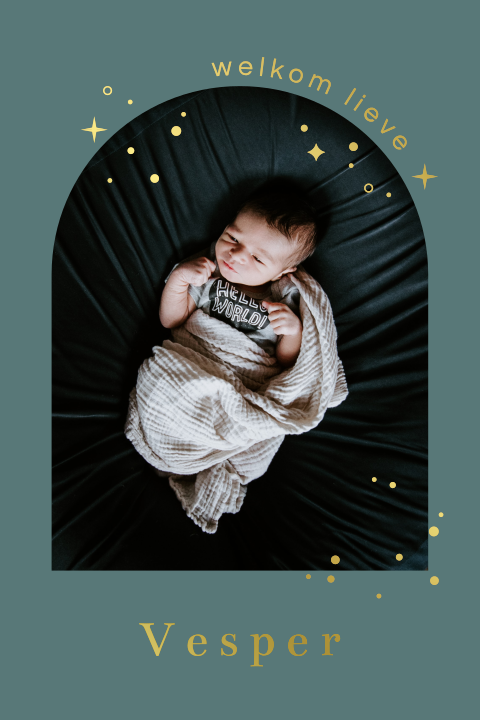 geboortekaartje jongen met foto in arch boog en elementen in goudfolie