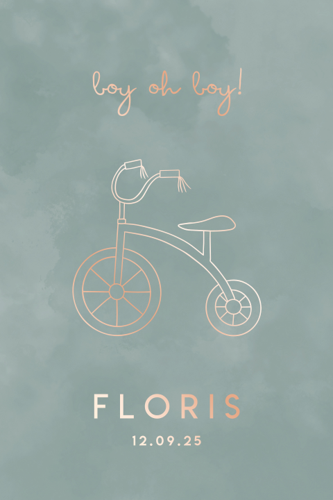 geboortekaartje Floris met fietsje in roségoudfolie