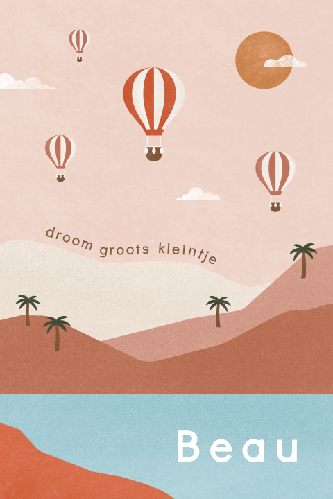 geboortekaartje met luchtballonnen en bergen