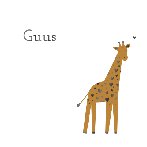 geboortekaartje Guus met giraffe met hartjes in zwart lak