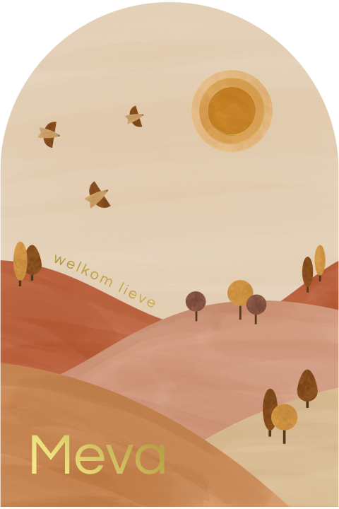 geboortekaartje Meva in boogvorm met kleurrijk landschap en vogels