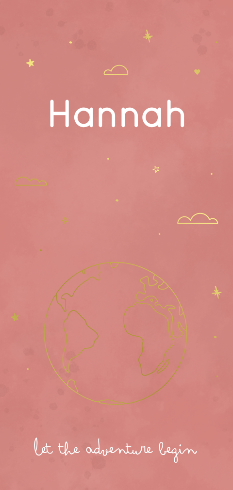 geboortekaartje Hannah met wereldbol en sterretjes in goudfolie