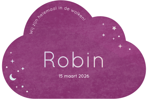 geboortekaartje Robin in wolkvorm met sterretjes in foliedruk