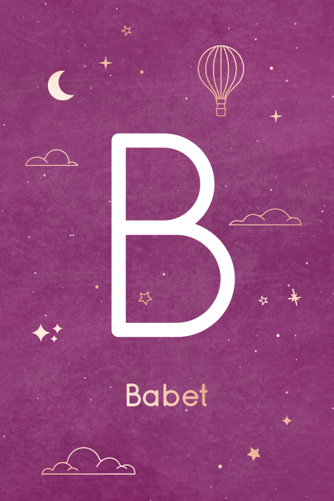 geboortekaartje Babet met letter en sterretjes en wolkjes