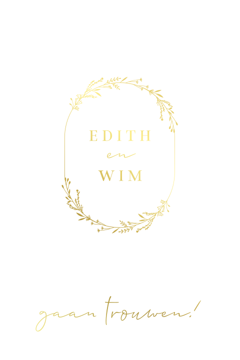 trouwkaart in boogvorm met bloemenkrans goudfolie