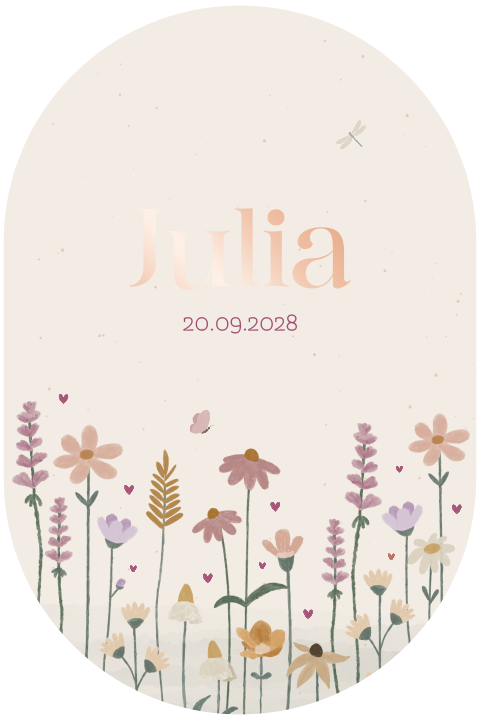 geboortekaartje Julia met veldbloemen en hartjes ovaal