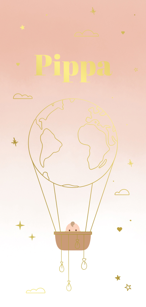 geboortekaartje meisje met wereldbol luchtballon in goudfolie