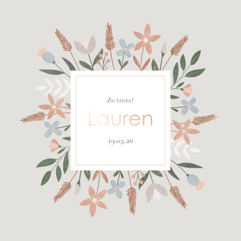 geboortekaartje meisje veldbloemen en roségoudfolie dubbel